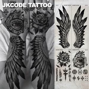 TEMU JKCODE TATTOO 남성을 위한 방수 팔 타투 - 4pcs 스트리트 타투 세트 - 손에 크고 아름다운 날개 타투, 왕관, 시계 및 장미 디자인 - 손, 손가락, 목 및 머리용 멋진 스타일 - 3-5일 동안 지속되는 생생한 색상, 현실적인 외모, 캐주얼한 스타일