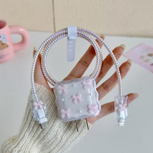 TEMU 5pcs 핑크 리본과 진주 디자인 폰 충전기, 20W/18W, 충전 케이블 보호 케이블, 충전기 헤드 보호 커버, for iphone 충전기와 호환 가능