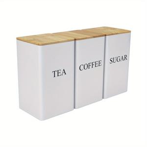 TEMU 3pcs TEA, 커피, 설탕 세트 보관 상자, 향신료 주스, 티, 커피, 과일 티, 캔디, 향신료, 조미료 등 보관, 주방 보관 세트, 대나무 뚜껑 - 금속 보관 용기