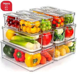 TEMU 7/14pcs 냉장고 정리함, 뚜껑이 있는 투명 냉장고 정리함, 냉장고, 채소, 식품 및 음료용 BPA 프리 스택형 과일 보관용기