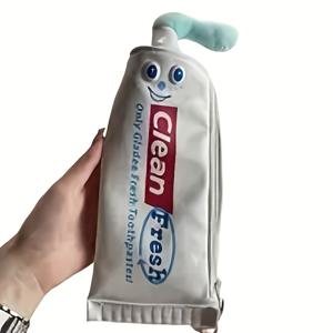 TEMU 신선한 숨결을 위한 치약 영감 메이크업 파우치와 연필 상자 - 귀여운 폴리에스터, TSA 승인, 문구 애호가를 위한 데스크 오거나이저, 화이트