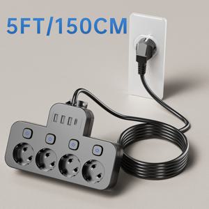 TEMU 스플리터 스위치 1-4 + USB 전원 소켓 연장 코드, 5ft 및 10ft 길이 선택 가능, 4개 EU 플러그, 3개의 USB-C 포트, 1개의 USB-A 포트, 벽부착형 확장 콘센트, 가정, 직장, 학습용 여행 연장 케이블, 긴 와이어 스트립