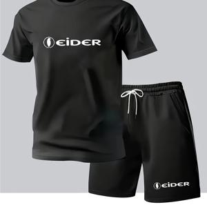 TEMU 2025년 새로운 남성용 2pcs 여름복 세트, 아이더 레터 프린트 디자인, 캐주얼 크루 넥 티셔츠 및 포켓 반바지, 100% 폴리에스터 니트 원단, 약간의 신축성, 정상 핏|남자반바지|남성반바지