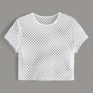 TEMU 여성용 캐주얼 크로셰 레이스 민소매 티셔츠 - 통기성 메쉬 라운드넥 반팔 탑, 세미시어 디자인 가벼운 여름 블라우스, 기계세탁 가능 화이트 티, 여성용 T셔츠, 루즈핏 소재, 부드러운 원단