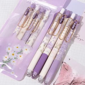 TEMU 4pcs 빈티지 로즈 리트렉터블 볼펜 - 중간 포인트, 블랙 잉크, 에르고노믹 그립, 빠른 건조 잉크, 라벤더 & 화이트 꽃 디자인, 학교, 사무실 및 일상 사용을 위한 카와이 스테이션리, 일상 필수품 | 빈티지 로즈 디자인 | 중간 포인트 볼펜, 글쓰기용 펜