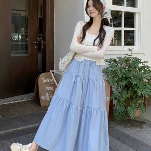 TEMU 우아한 연청색 러플 밑단 스커트 - 롱 A라인 디자인, 하이웨스트, 여성을 위한 루즈핏, 데이트 및 휴가용 완벽함, 데이트 나이트 아웃핏 | 부드러운 질감
