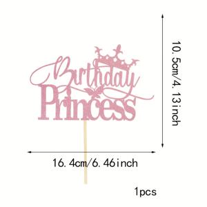 TEMU 핑크 글리터 생일 공주 케이크 토퍼, 반짝이는 왕관 해피 버스데이 케이크 장식, 생일/성인 파티/저녁 식사용 케이크 장식 용품