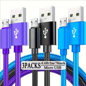 TEMU 3개 세트 3색 USB-C to Micro-USB 데이터 케이블 (3.3ft/6.6ft/10ft 나일론 브레이드), 2.4A 충전 및 480Mbps 전송 지원, Type-C 벽면 충전기/PS4/Xbox One/ 기기 및 S7/S5 호환