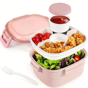 TEMU Caperci 55oz BPA 프리 샐러드 도시락통 (4단 구획, 소스 용기 & 재사용 가능 스포크 포함) - 전자레인지 사용 가능, 둥근 디자인, 학교/사무실/캠핑용