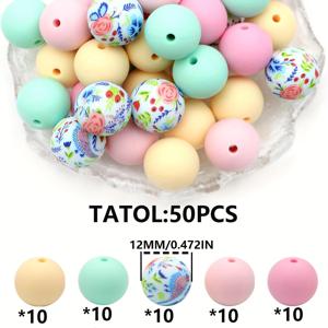 TEMU 50pcs 12/15mm 실리콘 단색 및 프린트 혼합 포커스 비즈 주얼리 만들기 DIY 수제 팔찌 목걸이 플라스틱 펜 스트링 키 가방 폰 체인 자동차 장식 공예 용품