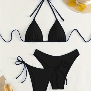TEMU 세마4 2024년 4월 새로운 여름 여성용 섹시한 홀터 넥 비키니 세트, 단색, 고탄성 소재, 프릴 스트랩 디자인, 허리 밑단이 높은 바지와 타이 디테일, 해변과 수영장에 완벽한 제품