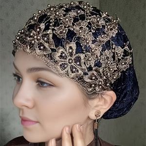 TEMU 우아한 골드 비즈 레이스 헤드스카프, 모든 계절에 적합한 스트레치 플로럴 헤드랩, 가벼운 라마단 헤드웨어, 케모 패션 액세서리, 니트 폴리에스터 소재, 여행에 적합합니다.