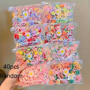 TEMU 40pcs 귀여운 헤어 타이 세트 - 포니테일 및 브레드용 컬러풀한 탄성 밴드, 꽃, 하트, 만화 캐릭터가 있는 다양한 디자인, 헤어 스타일링용 스타일리시한 플라스틱 밴드, 헤어 액세서리|즐거운 액세서리|플라스틱 헤어 타이, 헤어 액세서리