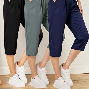 TEMU 3pcs 여성 조거 반바지 - 탄성 허리 캐주얼 바지, 단색 (검정색, 회색, 해군 파란색) - 가벼운 7/8 길이 봄 여름 가을, 가정 야외 및 캐주얼 의상, 조깅 바지