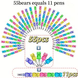 TEMU 55개입 (11펜, 스택 가능한 곰돌이 연필 세트 - 파티와 학용품을 위한 HB 플라스틱 연필 - 무심기 곰돌이 연필