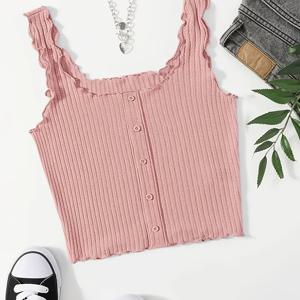 TEMU 여성용 우아한 프릴 소매 리브드 조끼 - 부드러운 핑크색 버튼 앞면 디자인, 기계 세탁 가능 사계절 캐주얼 & 정장 레이어링 아이템, 무소매 조끼, 질감 있는 원단