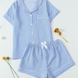TEMU 프린트 청소년 반팔 반바지 파자마 세트, 캐주얼 스타일, 정규 핏, 올 시즌 착용, 라펠 칼라 및 버튼 디테일, 청소년용|잠옷|파자마