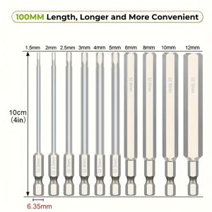 TEMU 10 x Long 100mm 1/4 Inch Hex Head Torx 드릴 비트 세트, 대형 12mm에서 작은 1.5mm까지, 메트릭, S2 스틸 자석 헤드 스크루 드라이버 소켓 드릴 키트, Ikea 가구용
