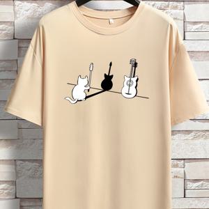 TEMU 남성용 웃긴 고양이 프린트 크루 넥 스트레치 티셔츠, 오버 사이즈 반소매상의, 봄 여름용 플러스 사이즈 캐주얼 의류