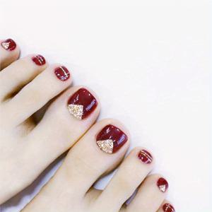 TEMU 24개 광택 레드 & 골드 글리터 스트라이프 사각형 프레스 온 발톱 - 무향 풀 커버 인조 손톱 팁, 쉬운 스타일링을 위한