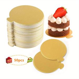TEMU 50pcs, 미니 라운드 골든 판지 케이크 베이스, 무스 디저트 케이크 보드, 일회용 패퍼보드 컵케이크 보드, 웨딩 생일 파티 디스플레이 트레이용 - 3.5in / 9cm
