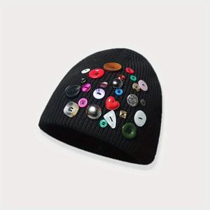 TEMU 단추 장식 Beanies 트렌디 한 솔리드 컬러 비니 커플 해골 모자 여성과 남성을위한 따뜻한 니트 모자
