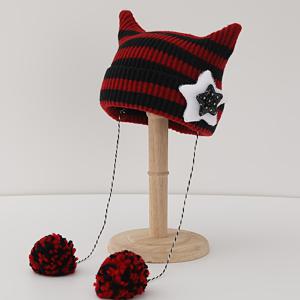 TEMU 귀와 귀여운 크로 셰 뜨개질 고양이 비니 유행 Pom Pom 장식 Y2K 비니 탄성 니트 모자 여성을위한 따뜻한 해골 모자