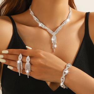 TEMU 3pcs 보석 세트, 스파클링 라인스톤, 목걸이, 팔찌, 귀걸이, 결혼식, 공식 행사용