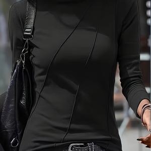 TEMU 여성용 하이넥 긴팔 티셔츠 - 스트레치 솔리드 컬러 우아한 탑, 세탁기 사용 가능 레귤러 핏 올시즌 캐주얼 & 포멀웨어, 고탄력 소재, 세련된 스타일