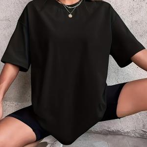 TEMU 여성용 플러스 사이즈 캐주얼 반팔 티셔츠 - 생기 넘치는 핑크 라운드넥 솔리드 컬러 탑, 세탁기 사용 가능 사계절 활용 가능한 편안한 패션, 부드러운 소재, 루즈핏 심플 디자인, 통기성 좋은 베이직 티셔츠