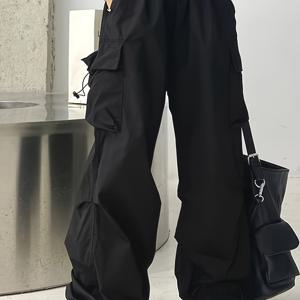 TEMU 여성용 하이웨이스트 와이드 레그 카고 팬츠 포켓 포함 - 캐주얼, 루즈핏, 폴리에스터, 세탁기 사용 가능, 베이지, 일상용 카고 팬츠|편안한 핏 팬츠|포켓이 많은 팬츠