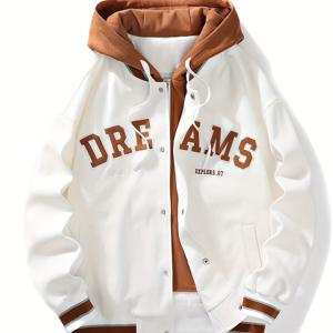 TEMU 남성용 일본식 레트로 컬리지 스타일 베이스볼 자켓 - DREAMS 글자 디자인, 브라운 & 화이트 컬러 블록, 라텍스 핏, 프론트 포켓, 봄/가을 캐주얼 착용 가능, 기계 세탁 가능