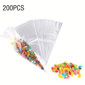 TEMU 50/100/200개, 원형 셀로판 봉지, 트위스트 타이가 있는 투명한 원뿔형 트리트 봉지, 팝콘, 선물, 사탕을 위한 플라스틱 원뿔 봉지