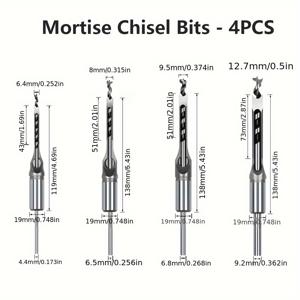 TEMU 4개 세트 목공 및 홈 개선용 6.4mm, 8mm, 9.5mm, 12.7mm 사각 구멍 드릴 비트 세트