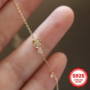 TEMU 925 스털링 실버 러브 하트 로즈 플라워 얇은 체인 팔찌 반짝이는 지르코니아 세팅 우아한 핸드 체인 팔찌