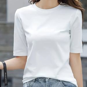 TEMU 여성용 스트레치 슬림핏 미드소매 티셔츠 - 가벼운 라운드넥 캐주얼 탑, 솔리드 컬러 사계절 레이어링 필수 아이템, 세탁기 사용 가능, 다재다능한 의류, 센슈얼 핏 티셔츠, 쉬어케어 소재