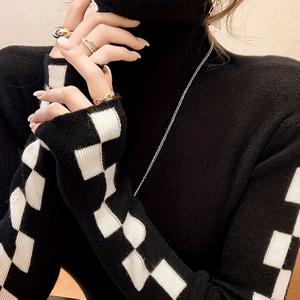 TEMU 가을과 겨울을 위한 캐주얼한 긴 소매 풀오버 스웨터, 터틀넥 스웨터, 체크무늬 디자인의 여성 의류