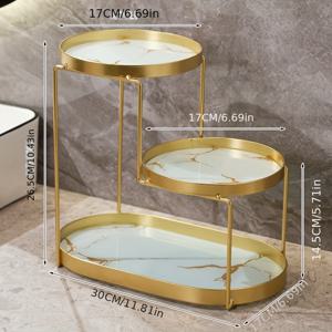 TEMU 1pc 럭셔리 골든 메탈 화장품 정리함, 3단 욕실 조리대 수납, 화장대 트레이 향수 거치대, 대리석 무늬 장식 메이크업 디스플레이 스탠드, 가정 및 세면실 사용 랙