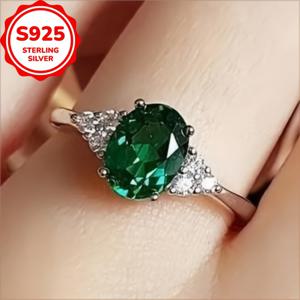 TEMU 1개 세련된 오벌 합성 보석 S925 반지 - 우아한 패션 액세서리, 기념일 및 생일 선물로 완벽한 그녀를 위한 2.4G