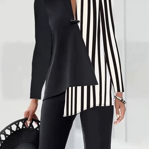 TEMU 여성용 우아한 캐주얼 루즈핏 긴팔 셔츠 - 블랙 & 화이트 대비 칼라 디자인, 세탁기 사용 가능 비침 방지 원단, 사계절 활용 가능한 오피스 & 캐주얼 웨어, 귀여운 긴소매 티셔츠