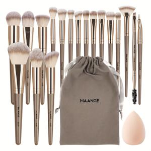 TEMU MAANGE 20pcs 전문 메이크업 브러시 세트, 18개의 메이크업 브러시 + 플란넬 가방 + 1개의 큰 물방울 메이크업 에그 포함, 부드러운 브러시 메이크업 브러시, 파운데이션 브러시, 아이섀도우 브러시, 블렌딩 브러시, 컨실러 브러시, 아이라이너 브러시, 피부 친화적인 파우더 퍼프 조합, 여행용 휴대용 메이크업 세트, 어머니의 날 선물 세트
