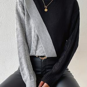 TEMU 스타일리시한 컬러 블록 디자인 여성용 하프 터틀넥 풀오버 스웨터