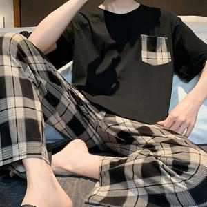 TEMU 남성 2벌 우아하고 레저 슈트 - 심플한 플레드 포켓 반팔 & 플레드 바지 - 일상 착용을 위한 파자마 세트|여름바지