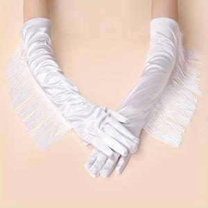 TEMU 정교한 우아함] 여성용 우아한 긴 블랙 새틴 태슬 장갑 - 프린지 디테일이 있는 스트레치 빈티지 스타일, 결혼식, 라틴 댄스 공연 및 공식 행사에 완벽함