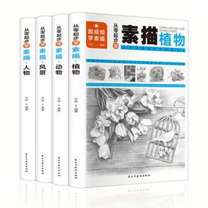 TEMU 초보자를 위한 스케치 학습: 인물 + 동물 + 풍경 + 식물 4권 세트, 교육 비디오 스캔 코드 중국어 버전