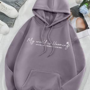 TEMU 편지 인쇄 캥거루 포켓 까마귀, 캐주얼 드롭 어깨 긴 소매 졸라매는 끈 후드티 스웨트 셔츠, 여성 의류