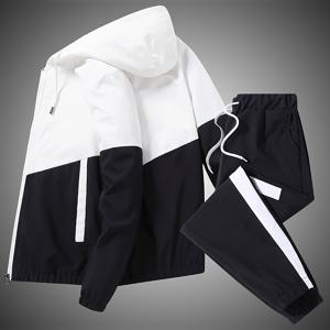 TEMU 남성용 2pcs 액티브웨어 세트 - 스타일리시한 투톤 후드 재킷과 조거, 포켓, 긴 소매, 드로스트링 - 봄 & 가을, 스포티한 디자인| 트렌디한 투톤 아웃핏| 기능성 포켓, 스웨터 재킷
