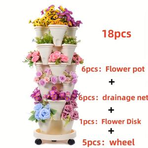 TEMU 1 세트 / 18pcs, 6층 쌓을 수 있는 꽃병 - 꽃, 허브, 딸기, 채소용 수직 정원 식물 - 모바일 휠 및 도구가 있는 내구성 있는 플라스틱 - 실내/실외 정원 식물