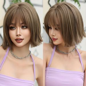 TEMU 1pc 7JHH WIGS 우아한 밥 위그 여성용, 12인치 짧은 내열 합성 모발, 고밀도 150% 로즈 넷 캡, 허니 브라운 앞머리 데일리 및 파티 용도