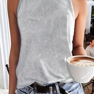 TEMU 여성용 슬리브리스 탱크 탑 - 캐주얼 루즈핏, 단색, 스트레치 소재, 크루 넥, 여름 스포츠 및 레저에 완벽한, 여성용 탱크 탑